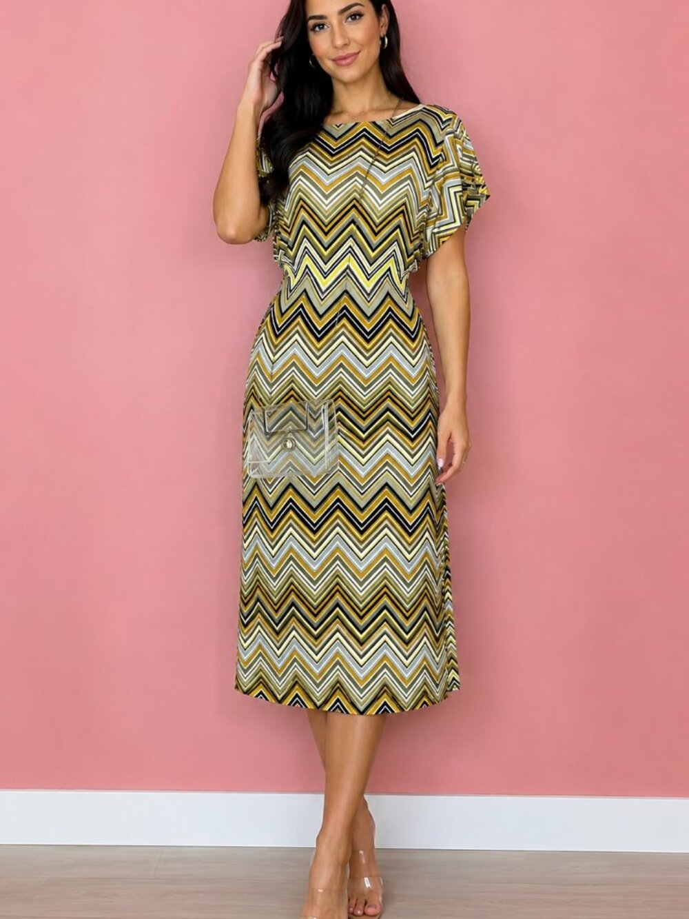 Chevron Patterned Dress with Gold and Black Accents